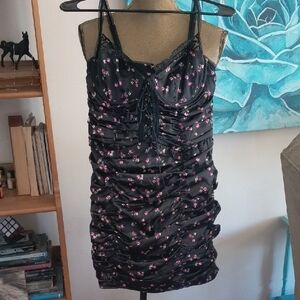 For Love And Lemons Ruched Black Dress with Pink Floral Accents